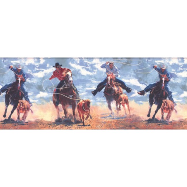 Home Western Cowboy Roping Riding on Sky Blue Wallpaper Border