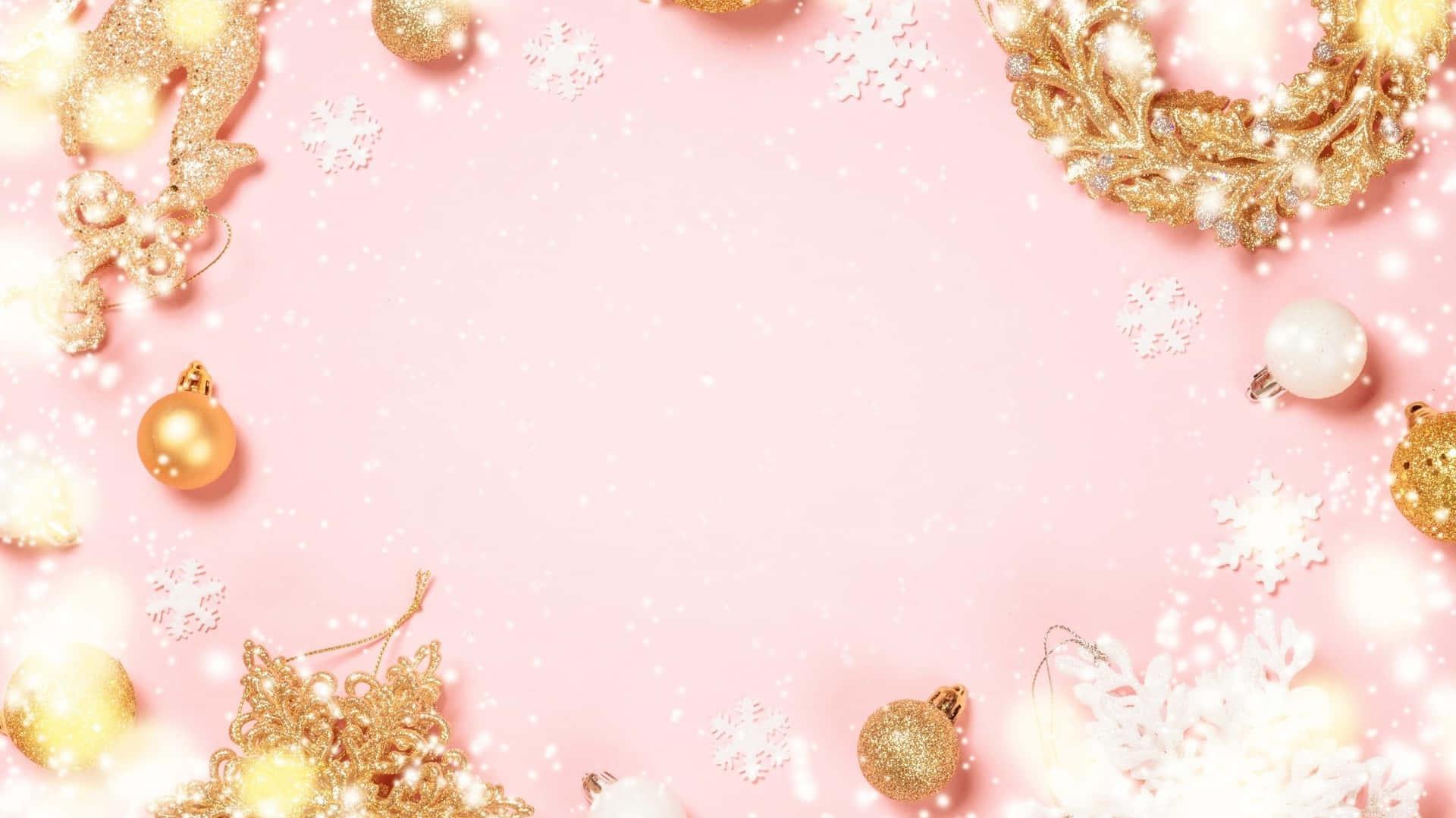 Christmas Background With Gold Decorations On Pink
