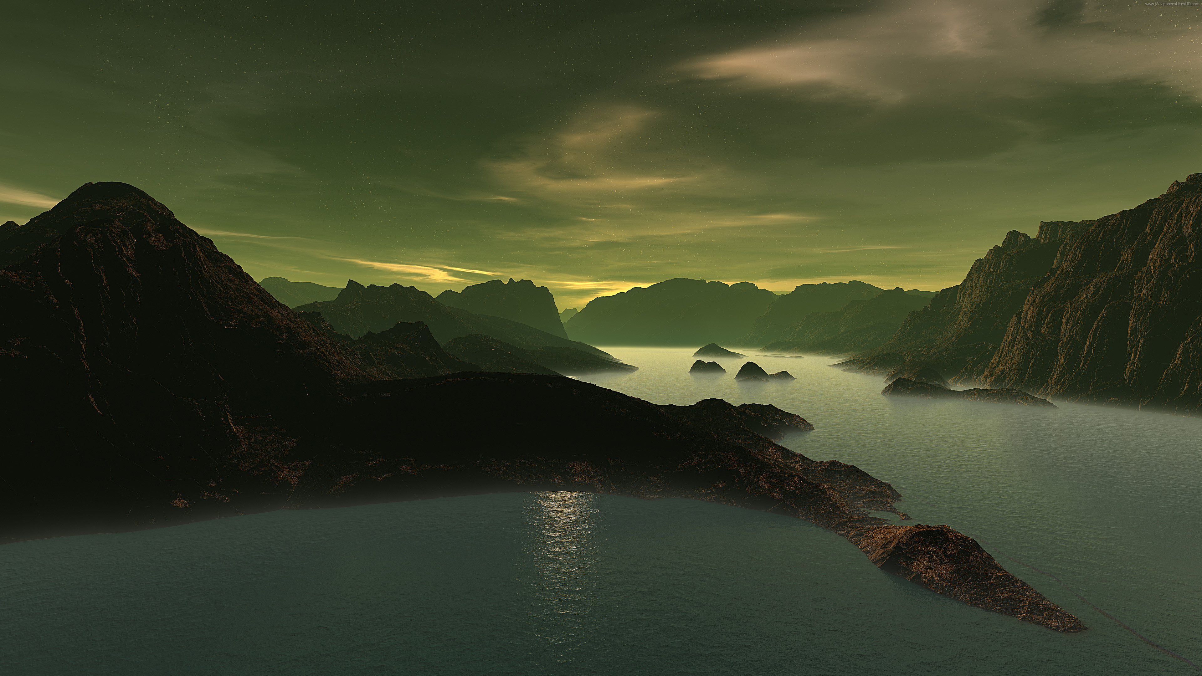 A mystical fjord landscape at twilight, with dark, rugged mountains and a tranquil, foggy waterway. The scene evokes a sense of otherworldly beauty and tranquility