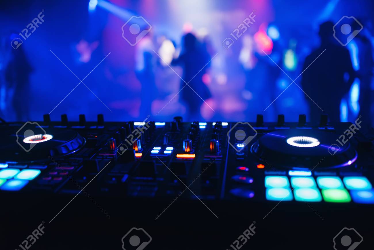 Dj Mixer On The Table Background Night Club Stock Photo