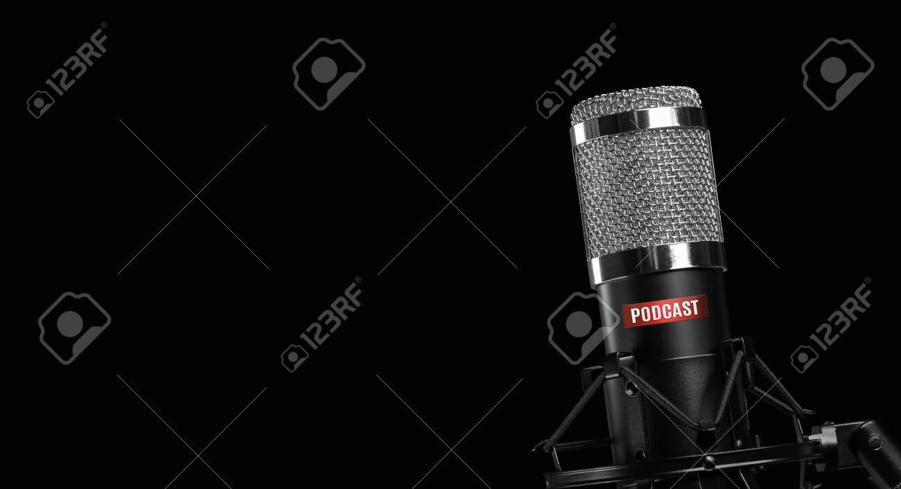Professional Microphone Isolated On Black Background Podcast