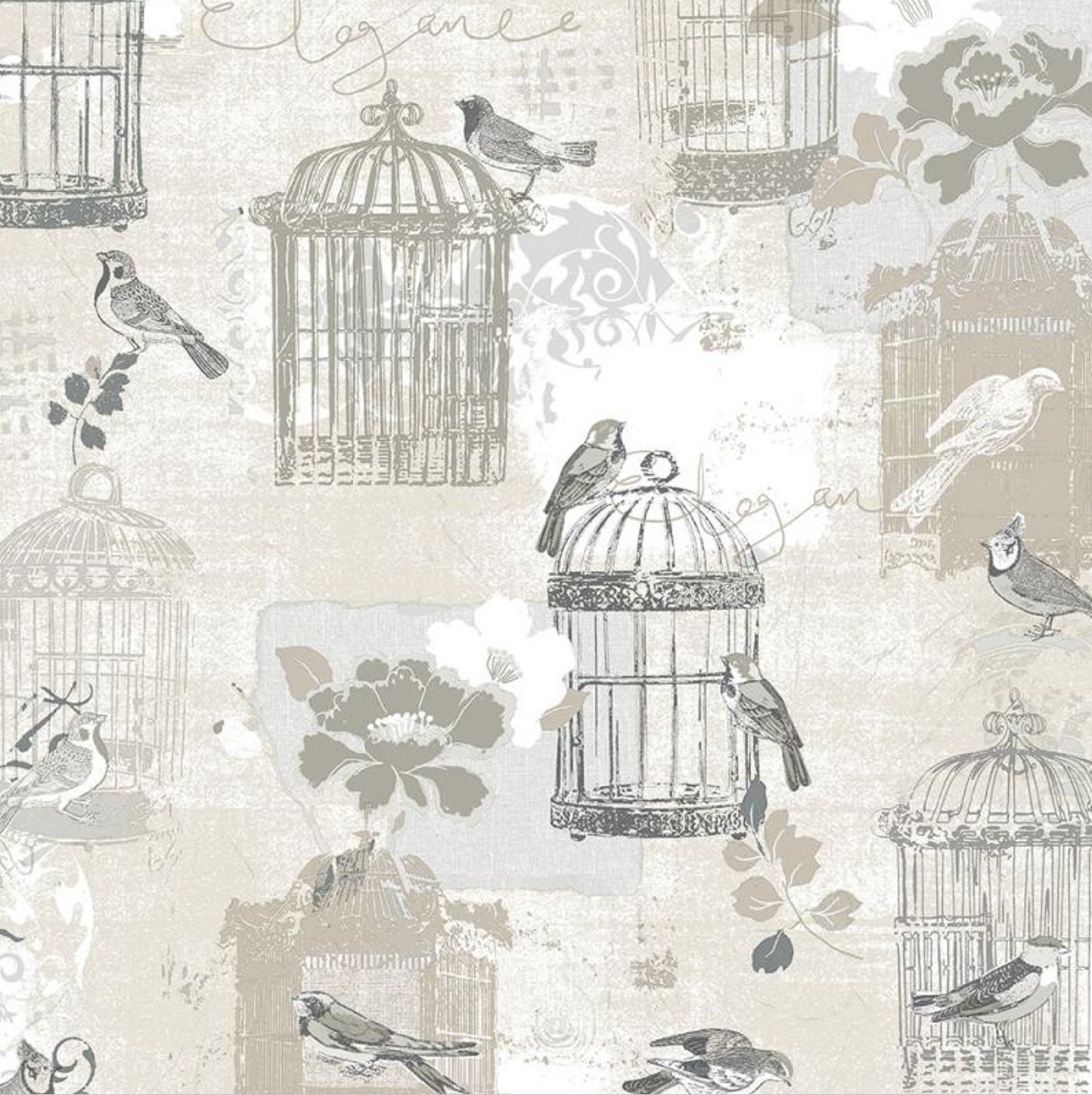 Antique Victorian Birdcage Wallpaper Neutral Bird Garden