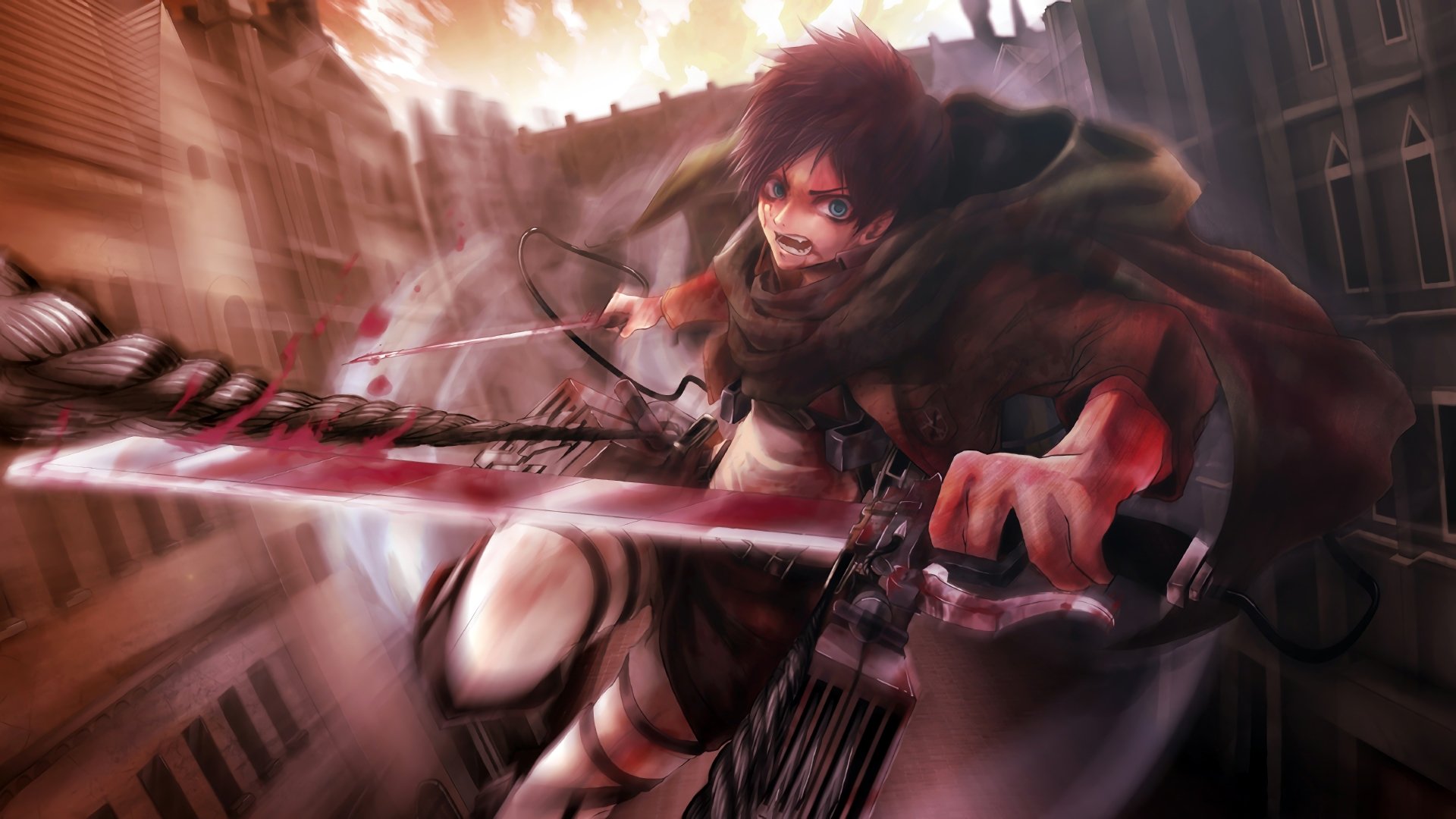 Eren Yeager in Attack on Titan fighting for freedom, wielding swords with a determined expression