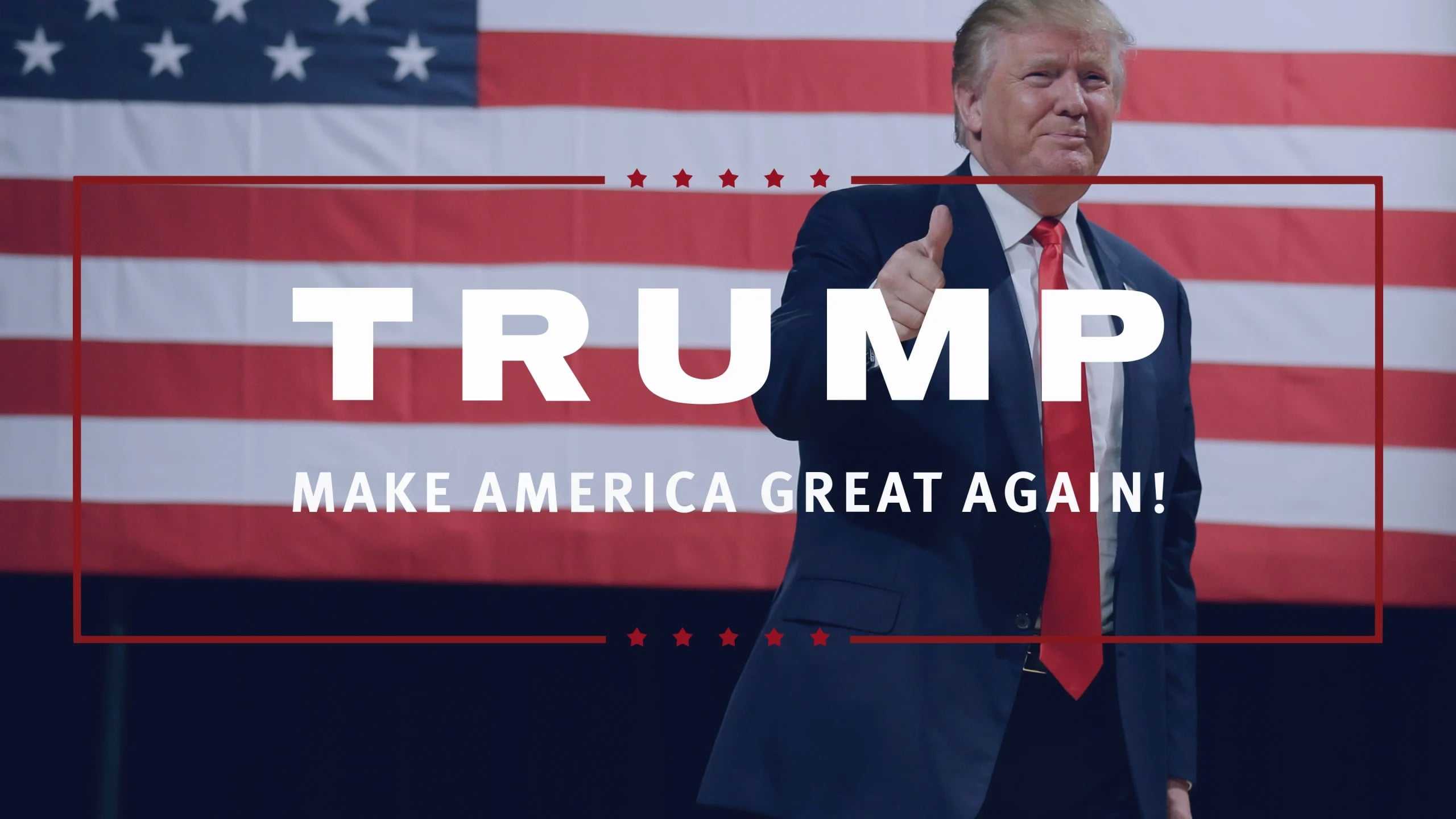 Donald Trump giving a thumbs-up in front of an American flag, with the slogan 'Make America Great Again' prominently displayed