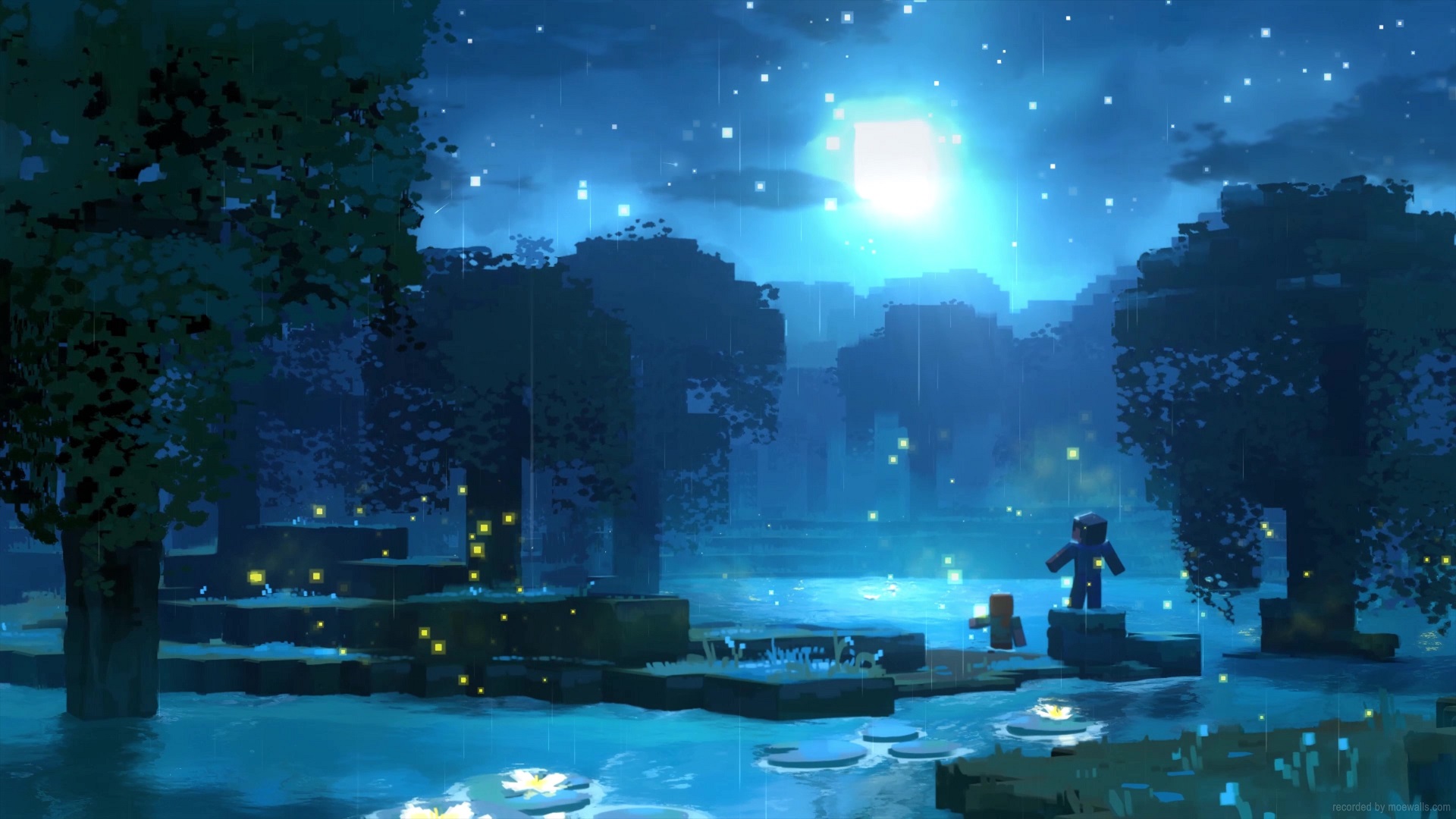 A pixel art illustration of a serene Minecraft landscape at night, with rain falling, fireflies glowing, and a player character standing on a small platform by the water