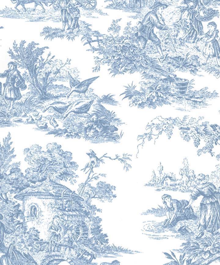 Wallpaper Classic French Country Life Toile Light Blue On White