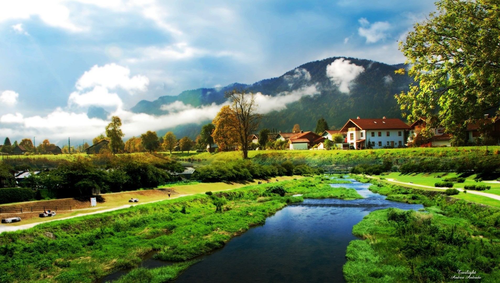 Beautiful Village With Small River Landscape HD Photos