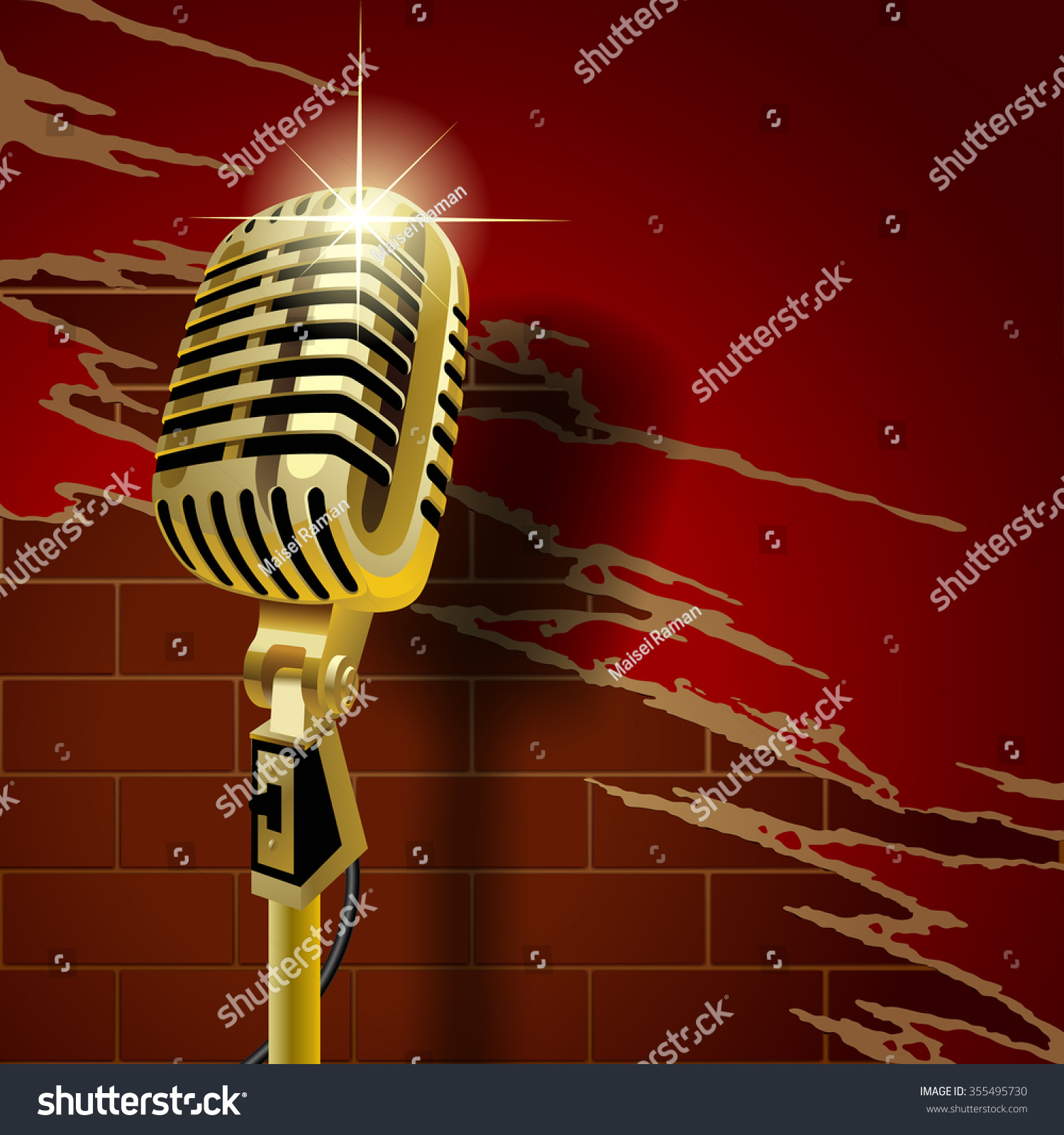 Gold Old Microphone On Brick Wall Stock Vector Royalty