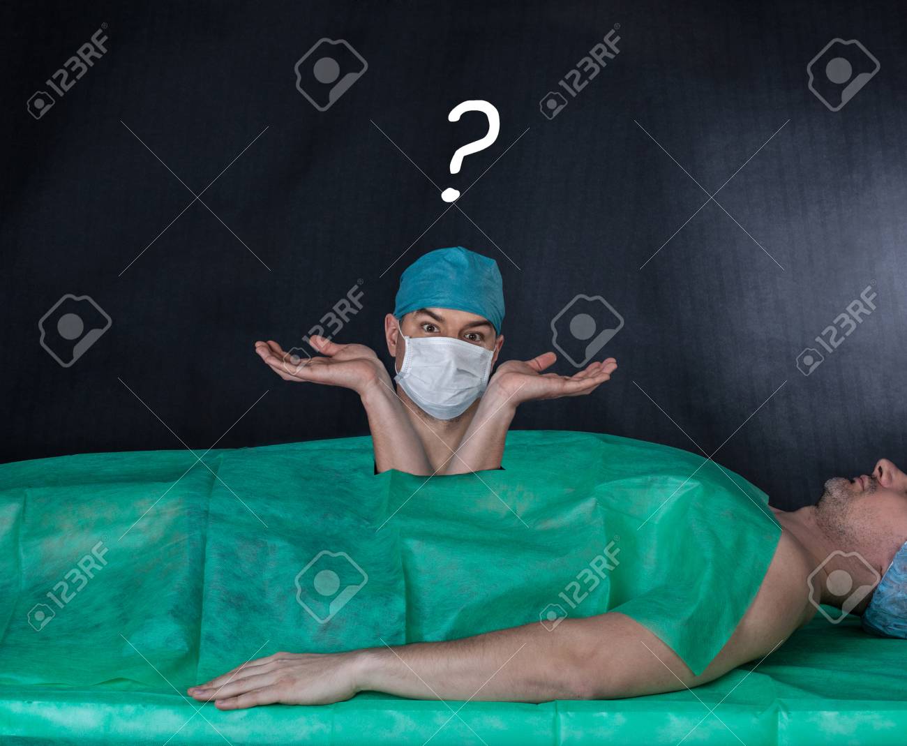 Funny Surgery Operation On A Black Background Surgeon In Scrubs