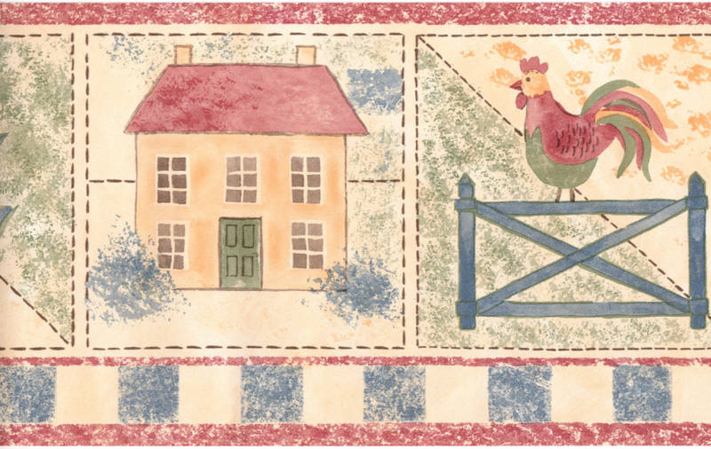 Country Quilt Stitch Rooster Floral Rabbit Bunny Blue Check Wall Paper