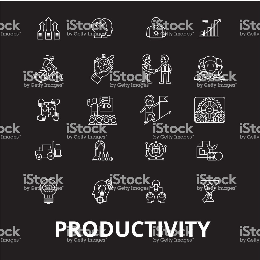 Productivity Editable Line Icons Vector Set On Black Background