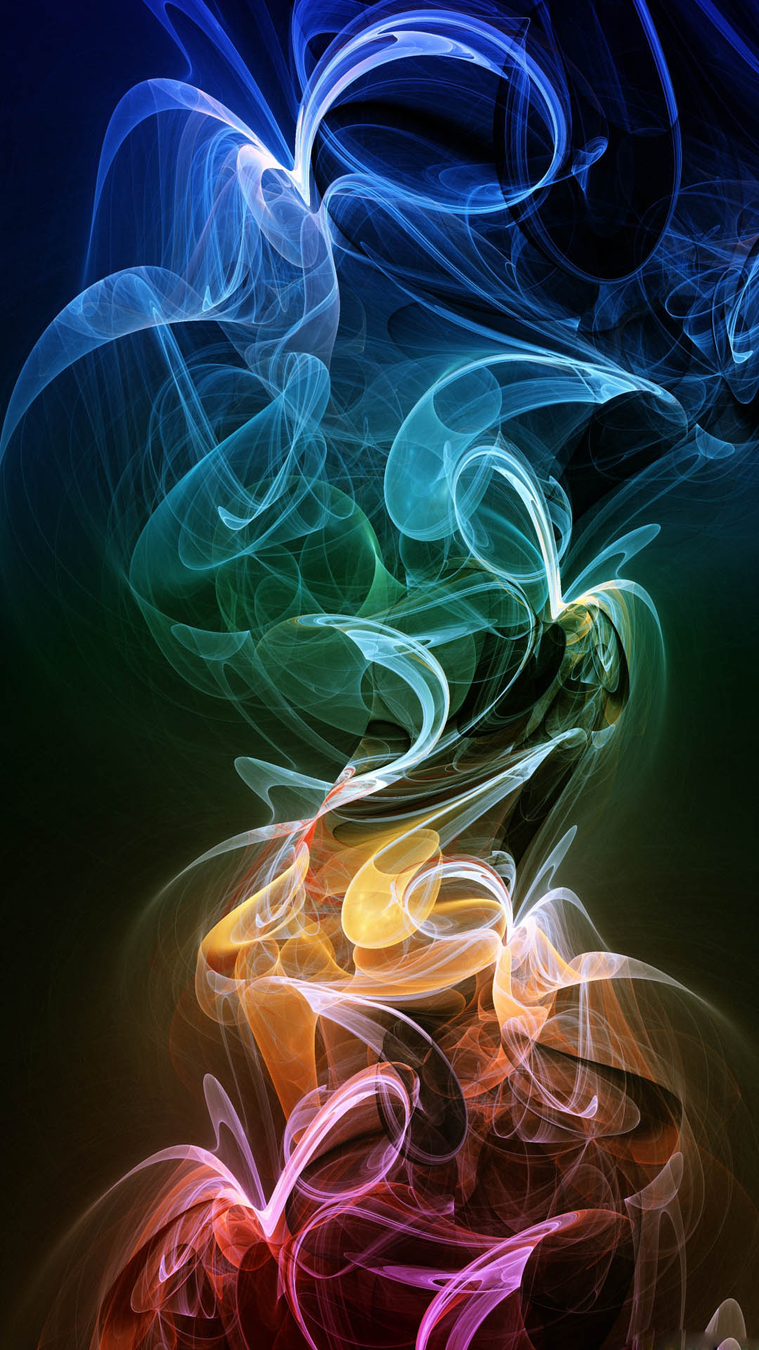 Abstract smoke swirls in vibrant rainbow hues, a cool and colorful phone wallpaper background