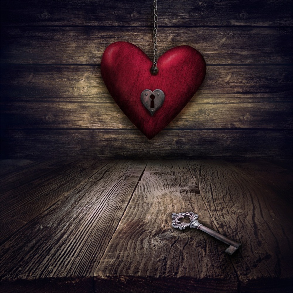 Laeacco Wooden Board Floor Dark Love Heart Lock Key Baby Photo