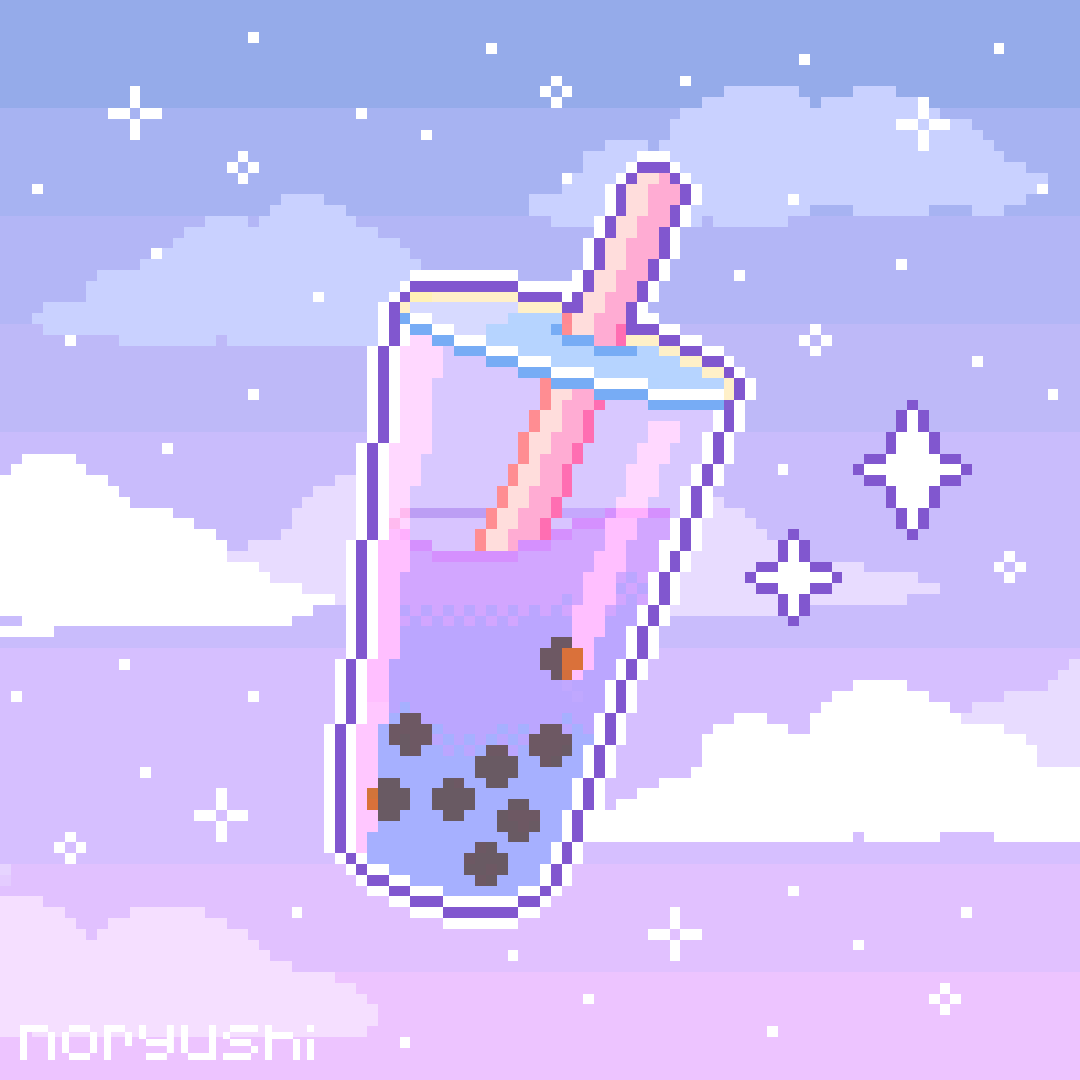 Pixel art of a purple boba drink with a pink straw against a pastel purple sky background