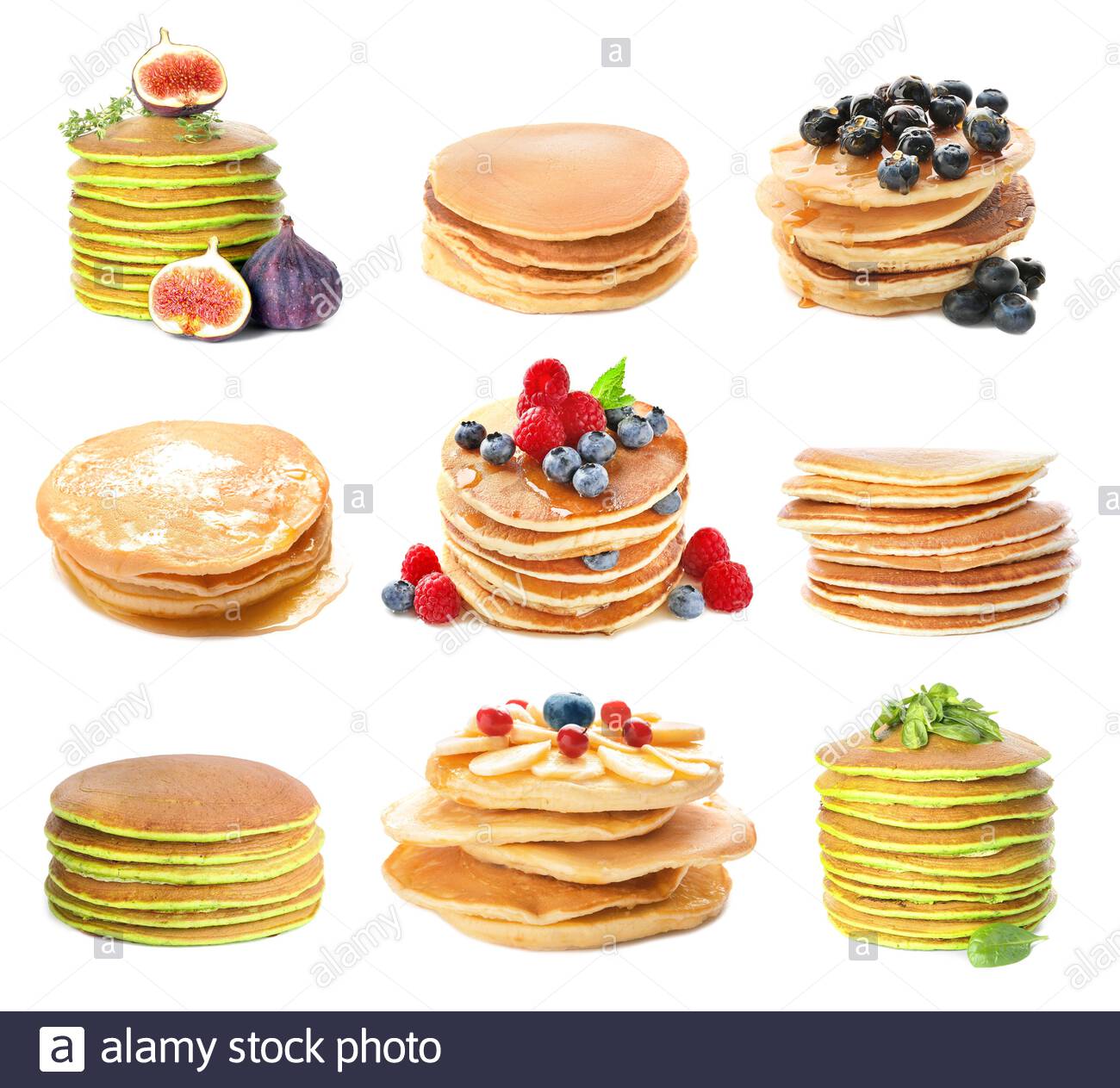 Set With Tasty Pancakes On White Background Stock Photo