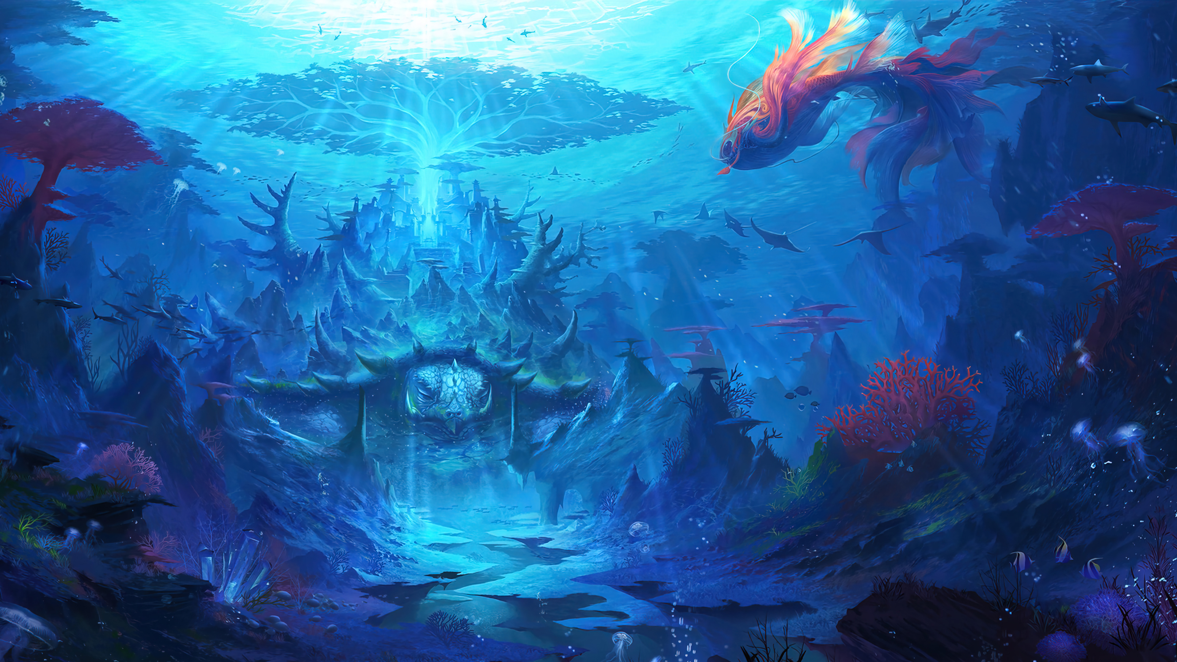 A breathtaking 4k underwater wallpaper showcasing a vibrant coral reef, mysterious ruins, and a graceful mermaid swimming amidst the marine life