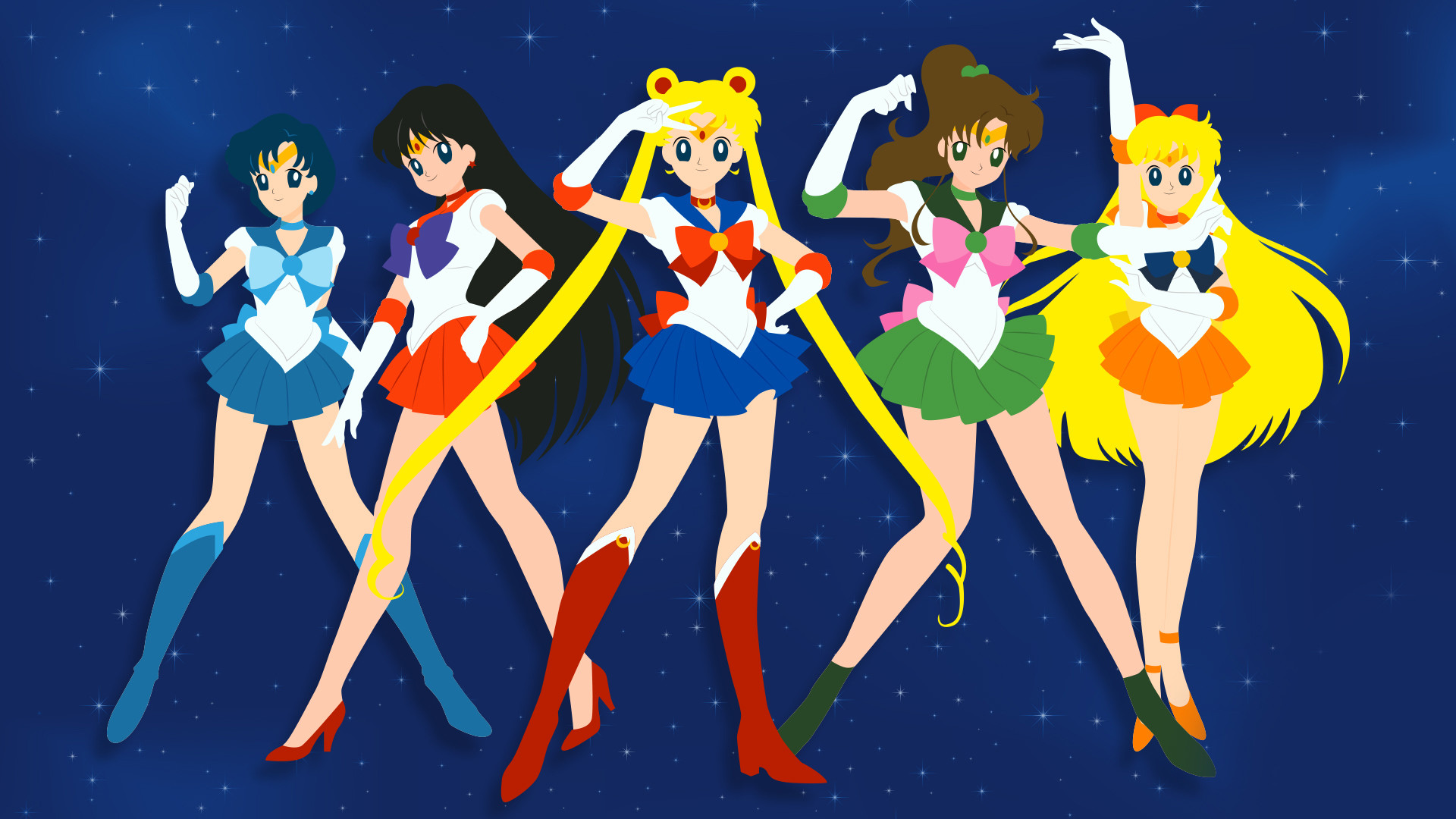 Minimalist illustration of the five main Sailor Scouts: Sailor Mercury, Sailor Mars, Sailor Moon, Sailor Jupiter, and Sailor Venus, posing against a starry night backdrop