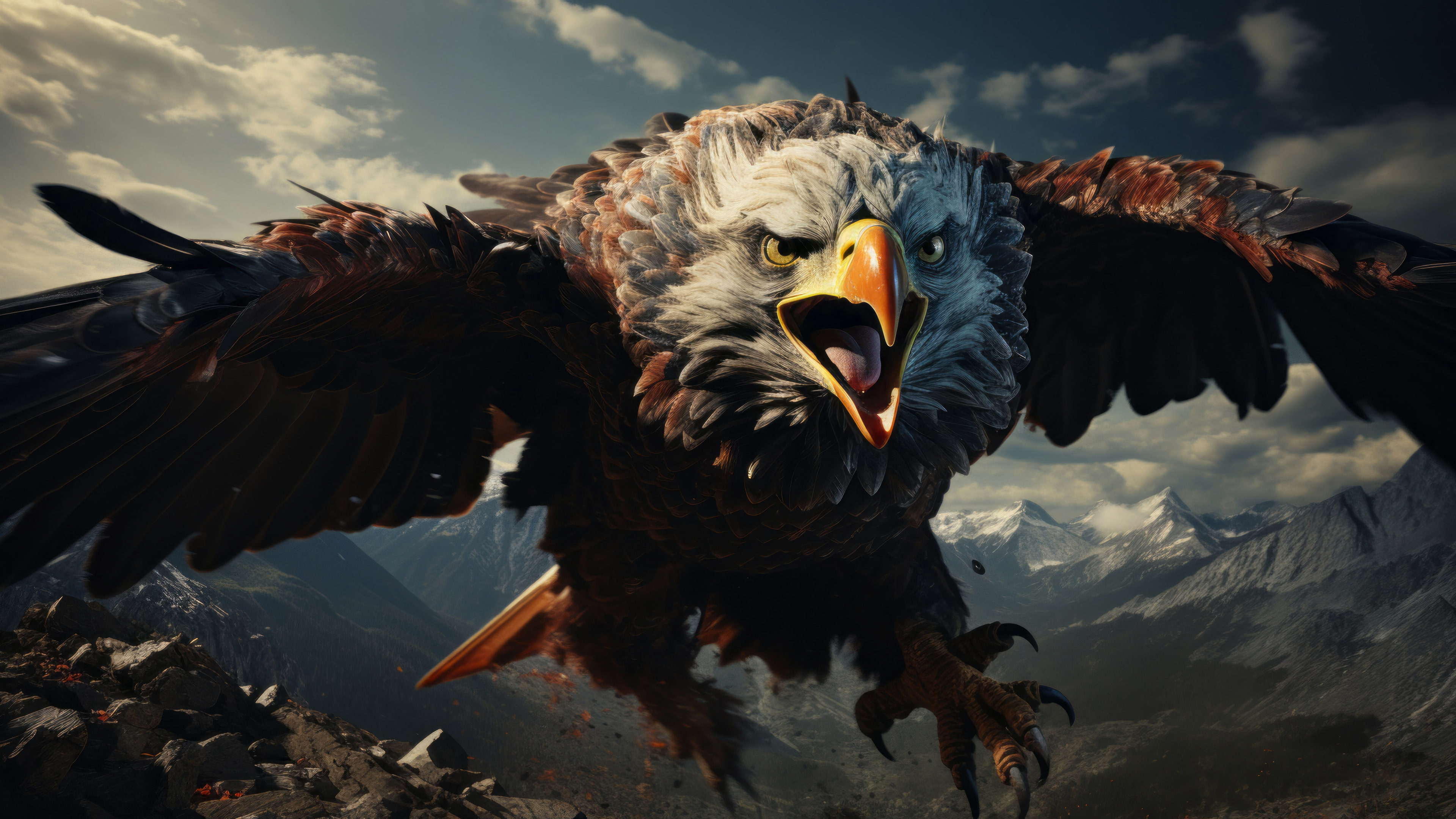 A majestic bald eagle soaring over a rugged mountain range, its wings spread wide against a dramatic sky. PC 4k wallpaper