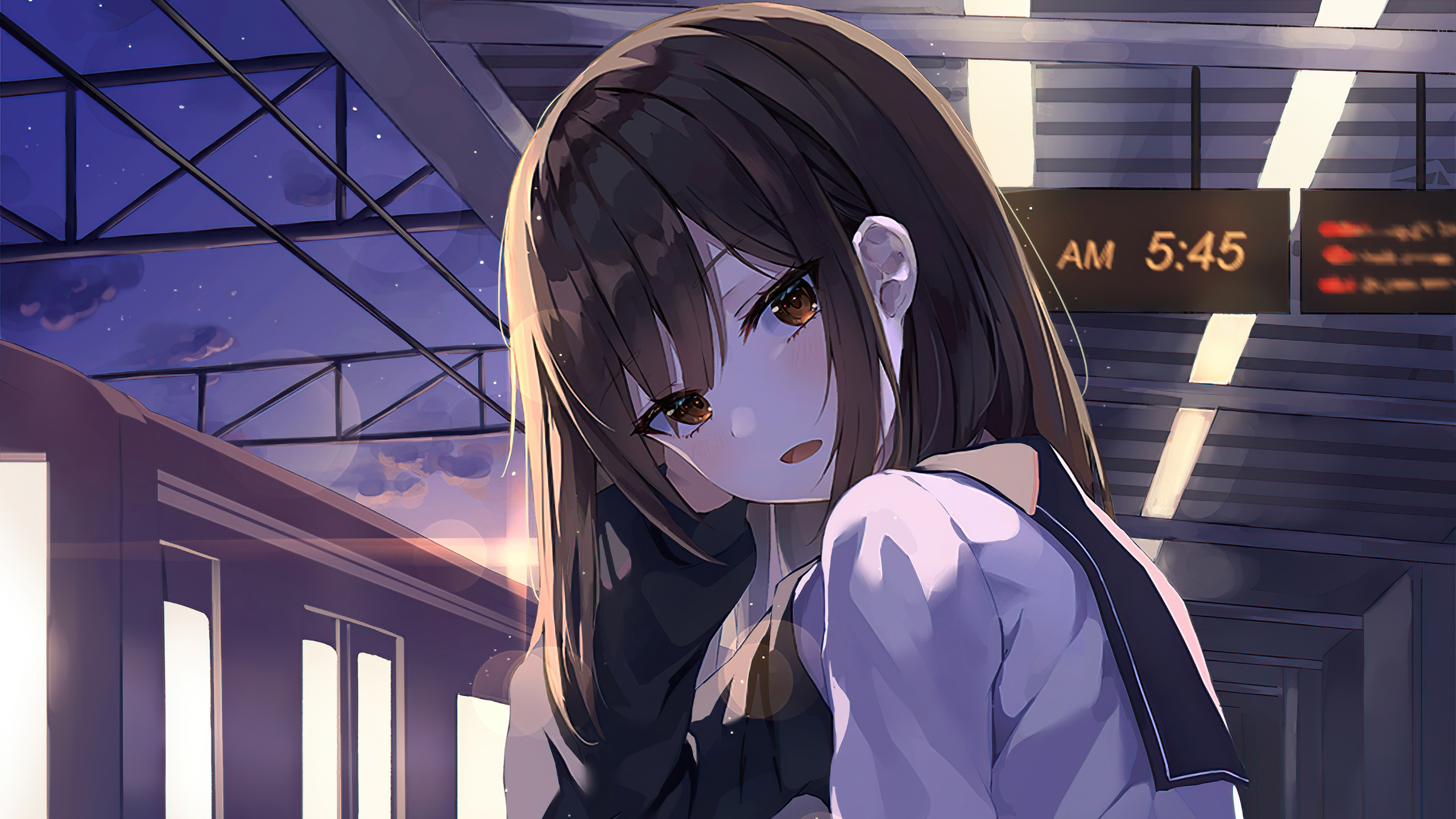 Anime School Girl Sitting In Train Platform 4k 1440p Wallpaper