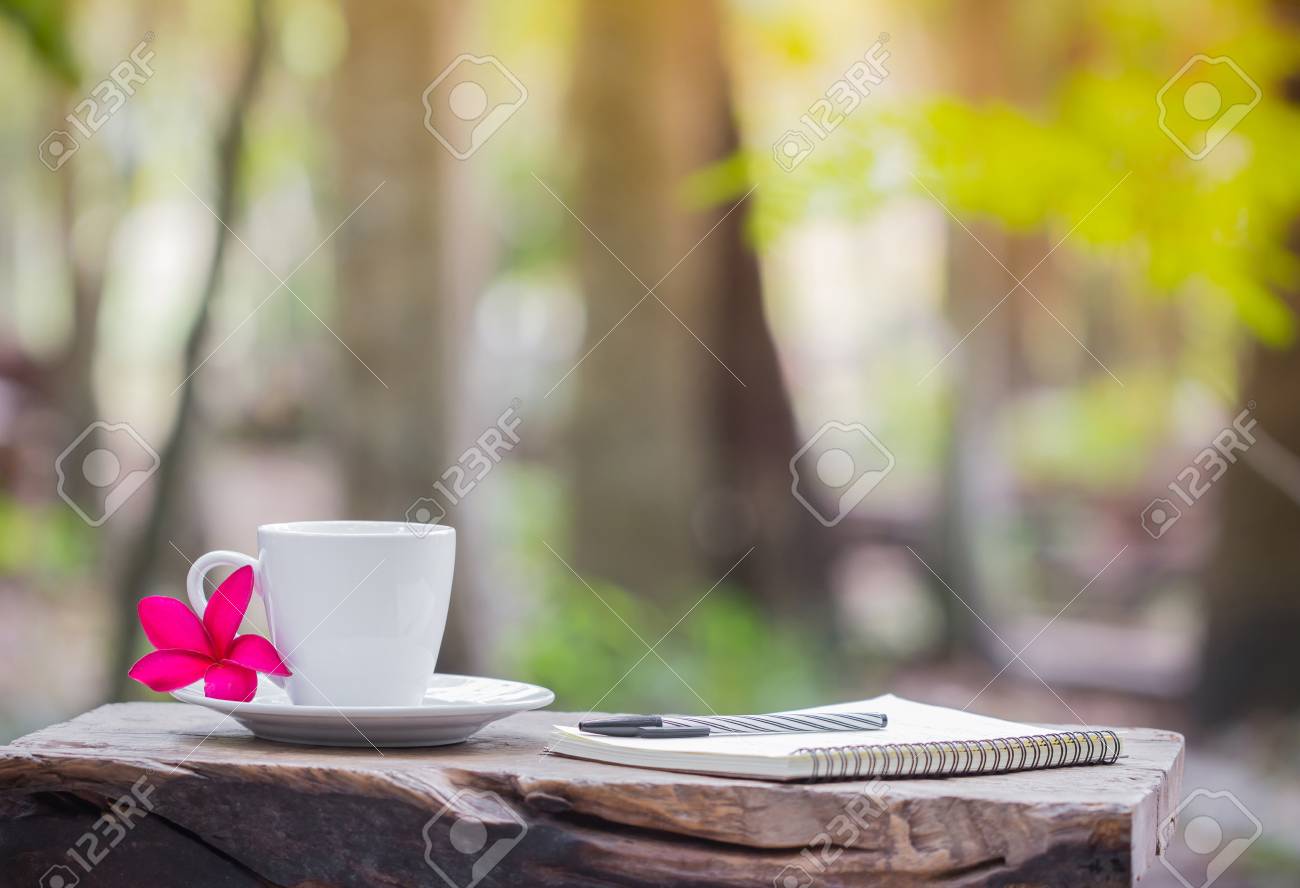 Relaxation Corner With Coffee Cup Forest Background Stock Photo
