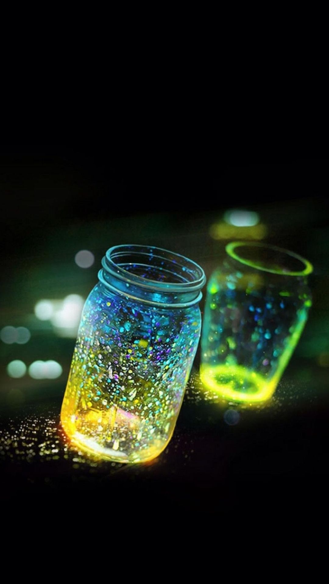 Fluorescence Glitter Glass Bottle In Bokeh Dark