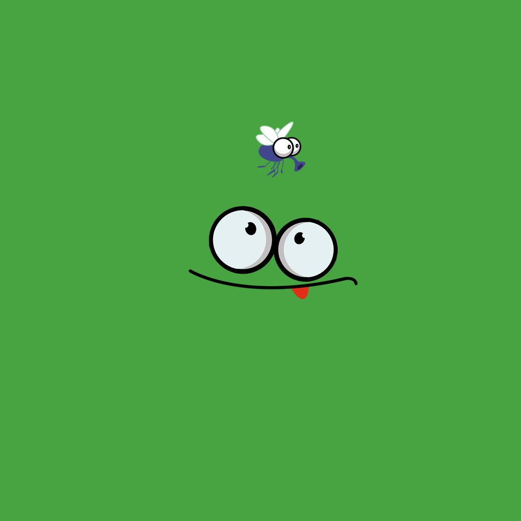 Whimsical cartoon character with crossed eyes and tongue out, anticipating a fly buzzing above
