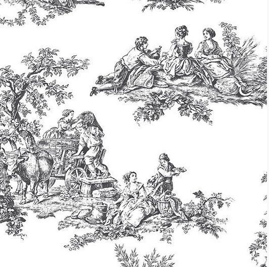 Wallpaper By The Yard Black White Countryside Harvest Toile French