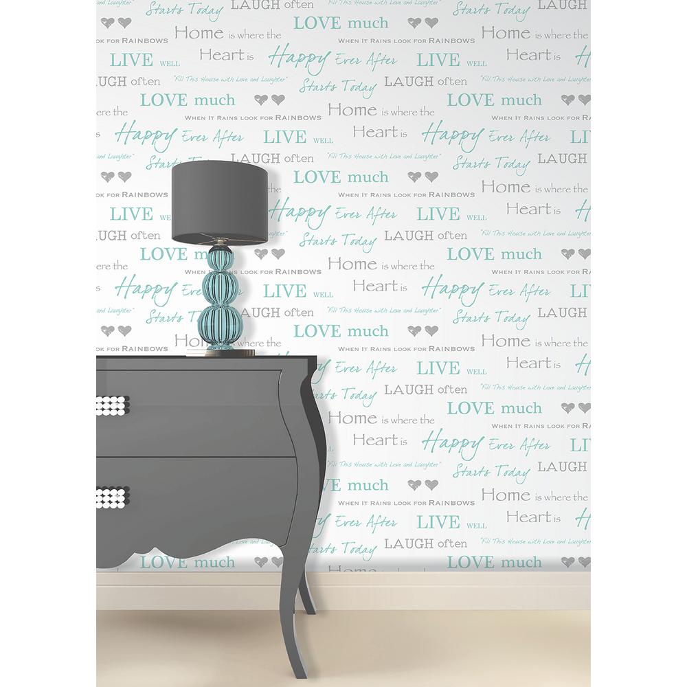 Fine Decor Sq Ft Happy Home Aqua Text Wallpaper