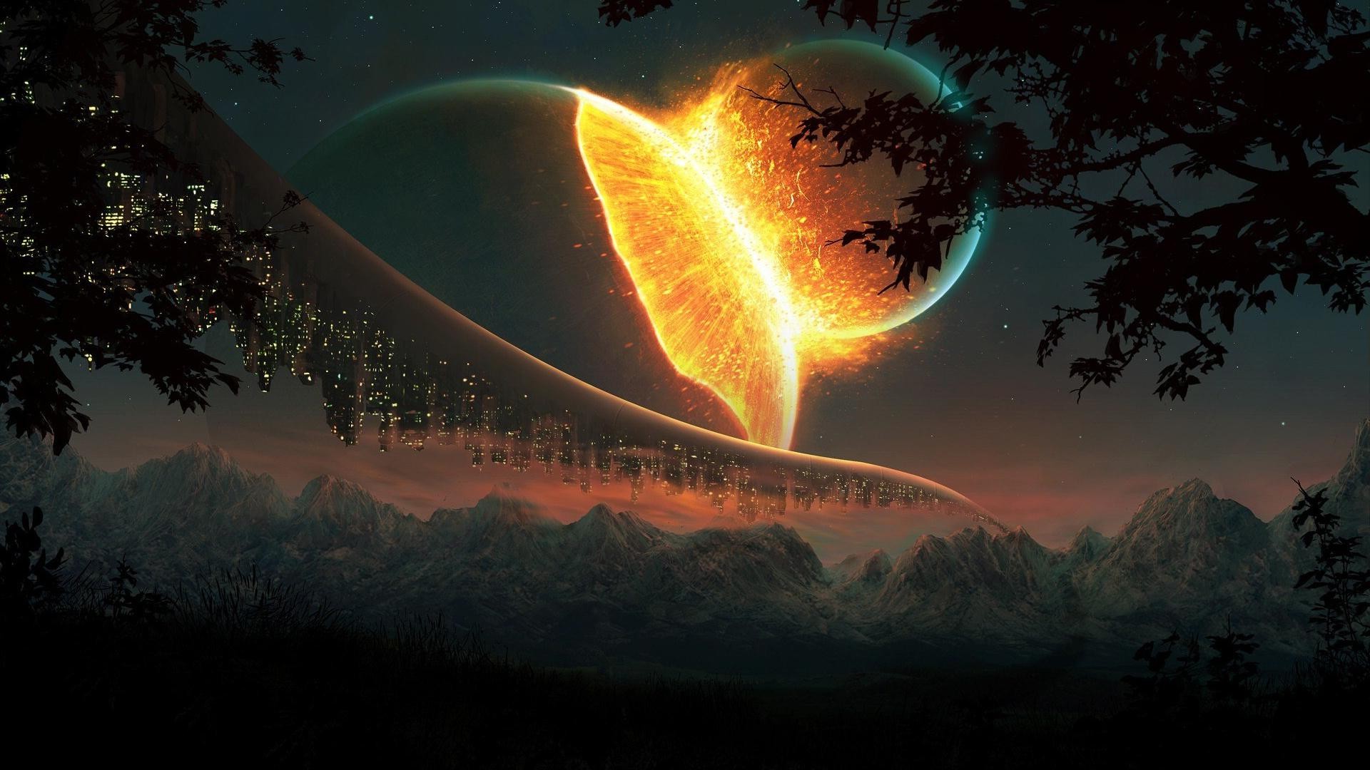 planet Explosion Lights Fantasy Art Mountain