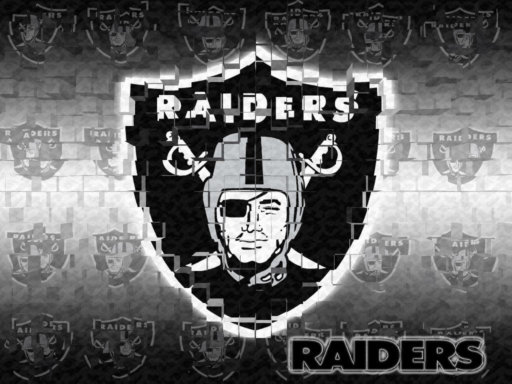 A stylized black and white wallpaper featuring the iconic Las Vegas Raiders logo and lettering, with a tiled mosaic background
