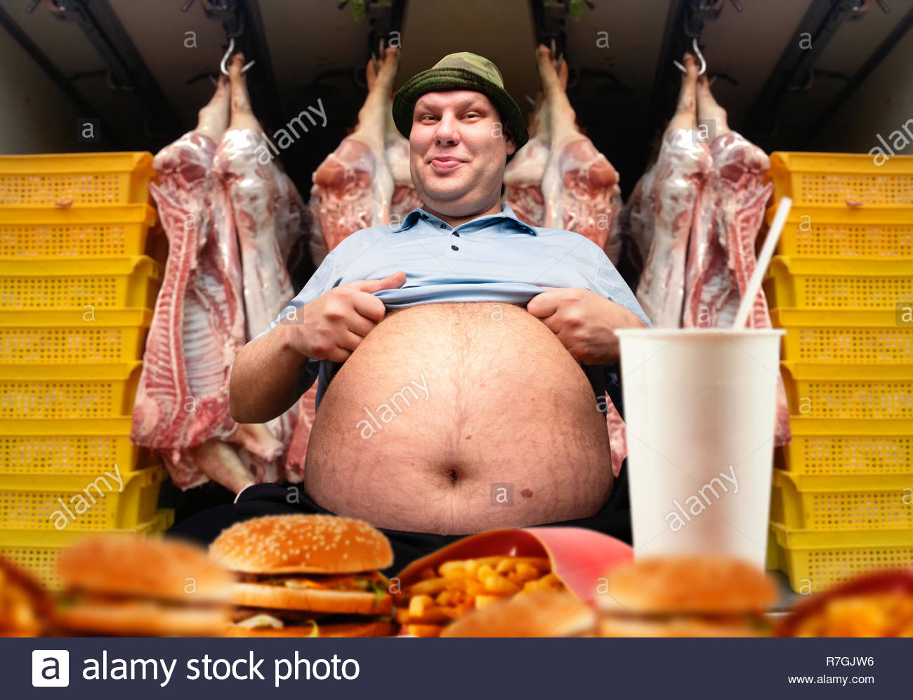Happy Fat Man And Fast Food Pork Carcasses On Background