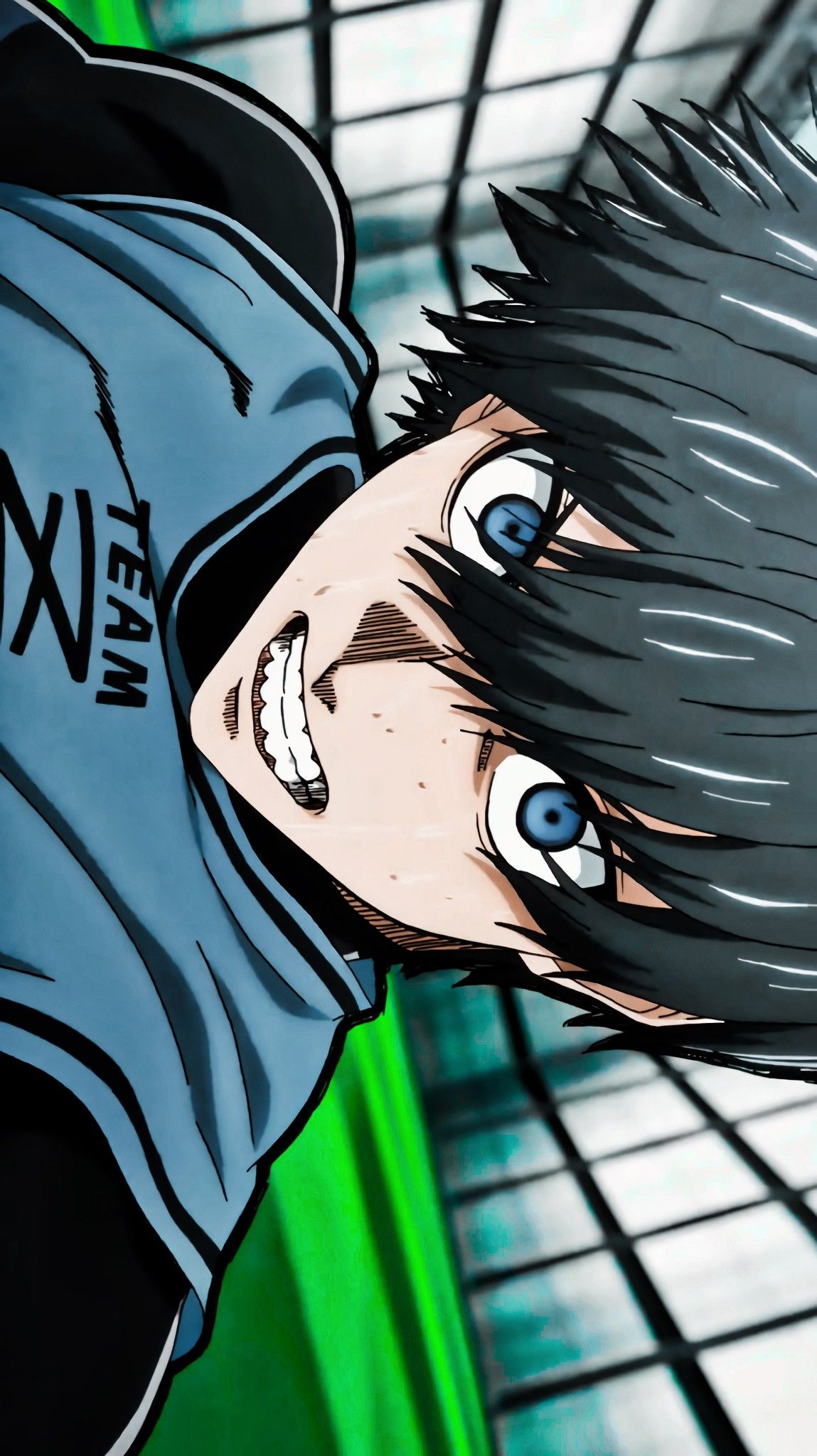 Close-up of Isagi Yoichi with an intense expression, from the anime 'Blue Lock'