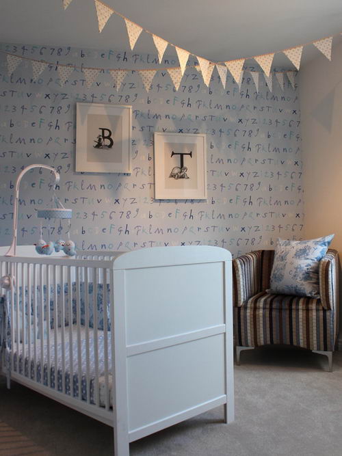 Peaceful Traditional Baby Nursery Room Design With Soft Blue Wallpaper