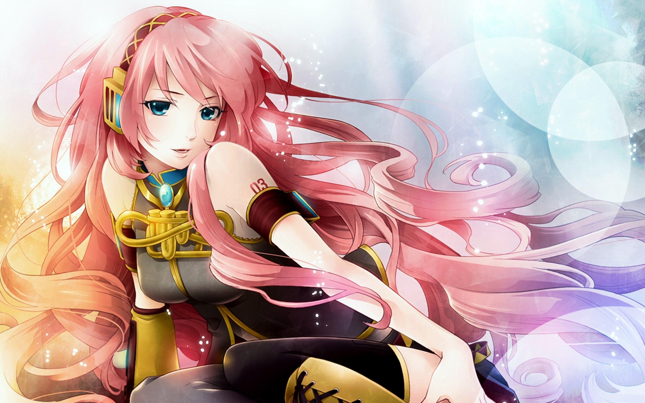 A vibrant anime girl with long pink hair, adorned in a detailed outfit and headphones, sits gracefully against a backdrop of swirling pastel colors