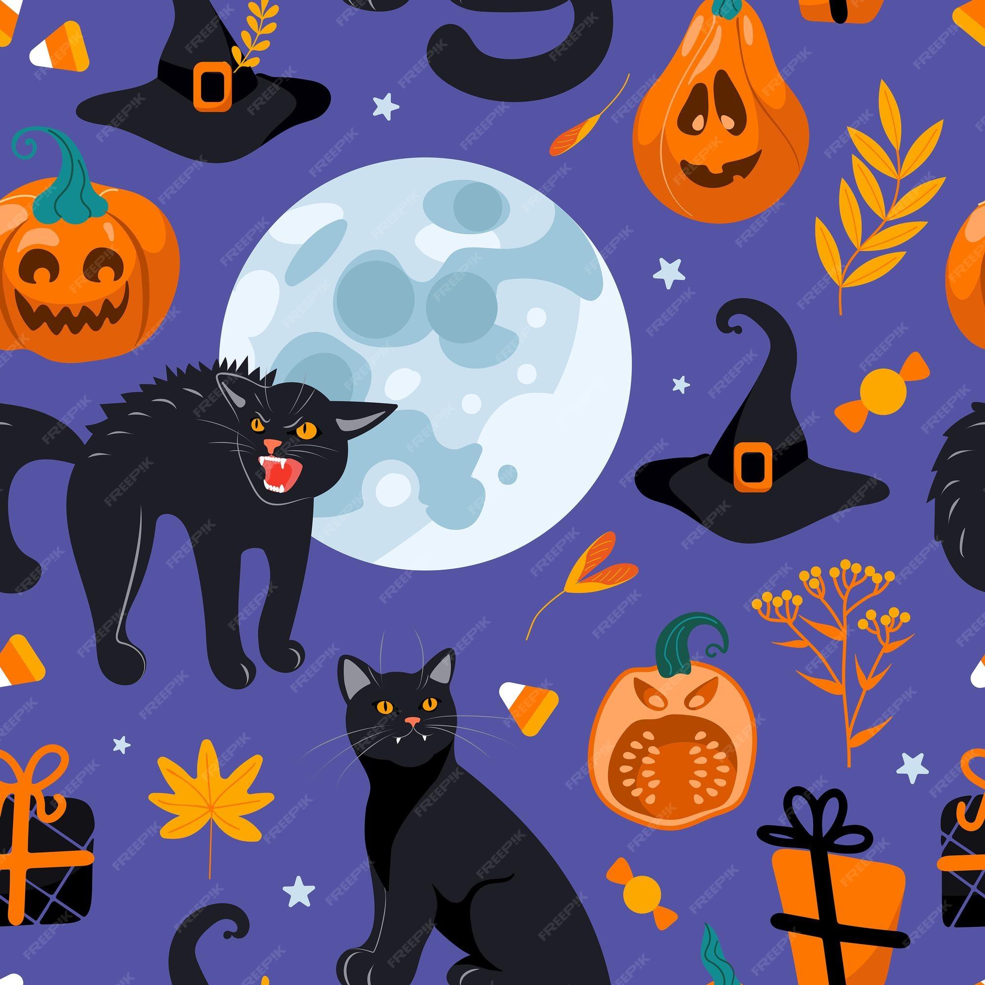 Premium Vector Halloween seamless pattern black cat moon witch