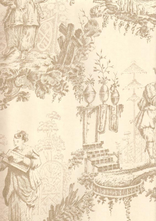 Chinese Toile Wallpaper Scenic In Brown Printed On Cream