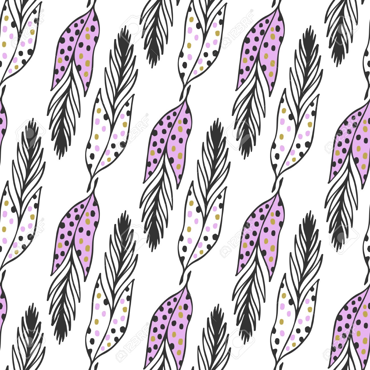 Seamless Ethnic Pattern With Hand Drawn Cute Feathers Vector