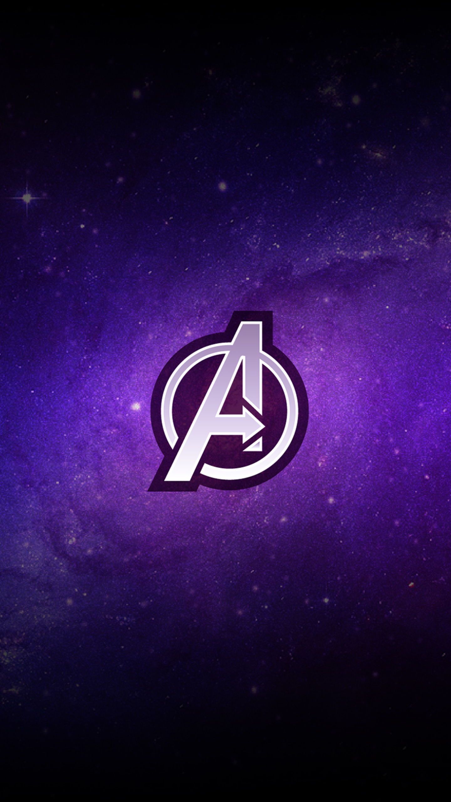 Avengers logo on a purple galaxy background