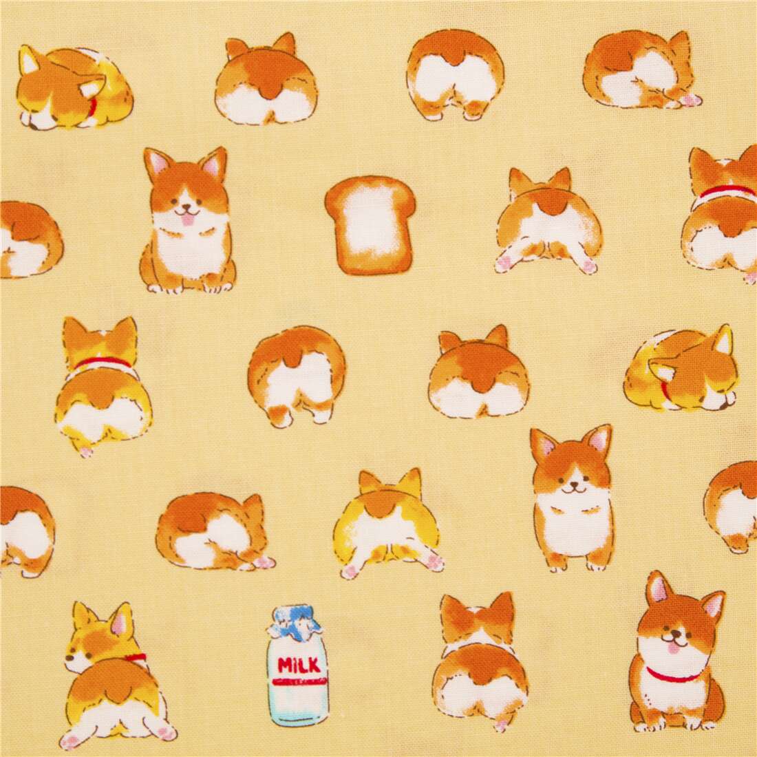 Yellow Smooth Cotton Japan Fabric With Corgi Dog Bread Loaves And