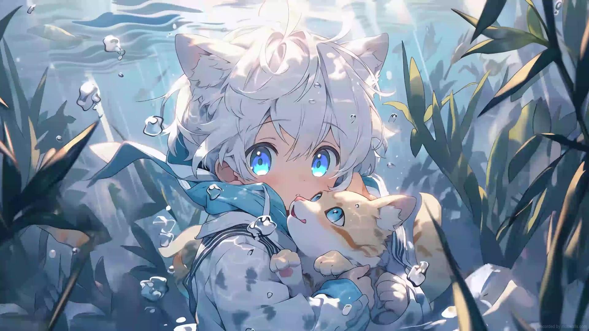 Neko Anime Boy And Cat Underwater Live Wallpaper