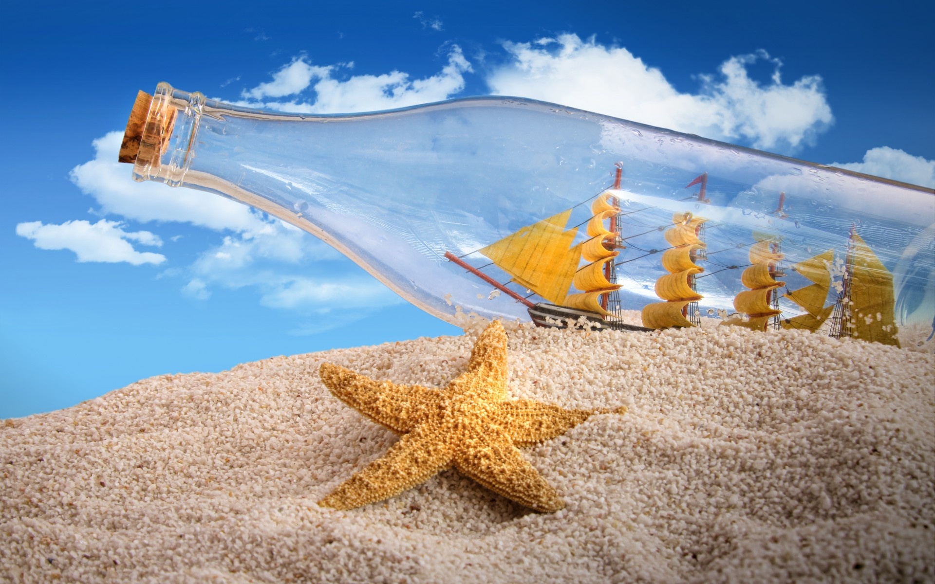 Wallpaper Sand Starfish Bottle Cork Ship Desktop