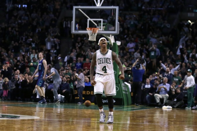 Boston Celtics Guard Isaiah Thomas Celebrates During The Second