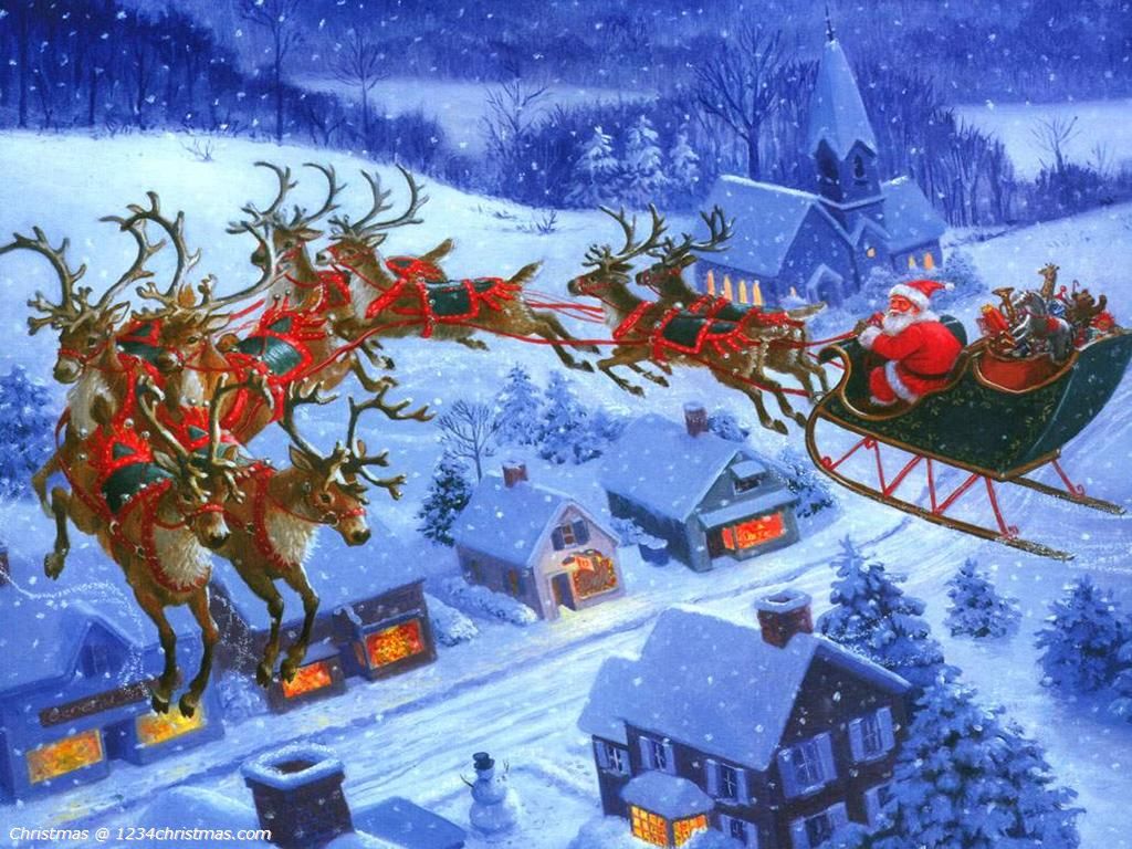 Santa Claus Flying Reindeer Desktop Wallpaper