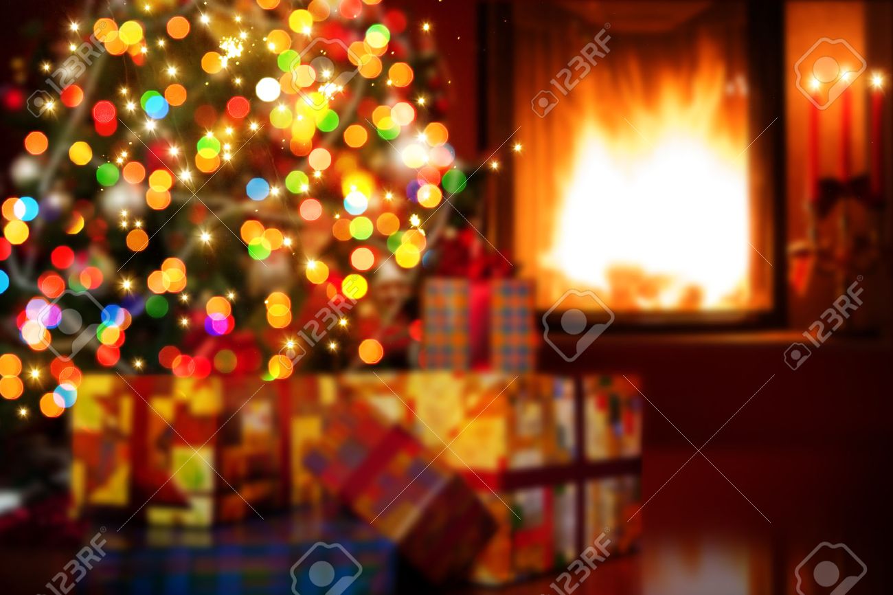 Art Christmas Scene With Tree Gifts And Fire In Background Stock