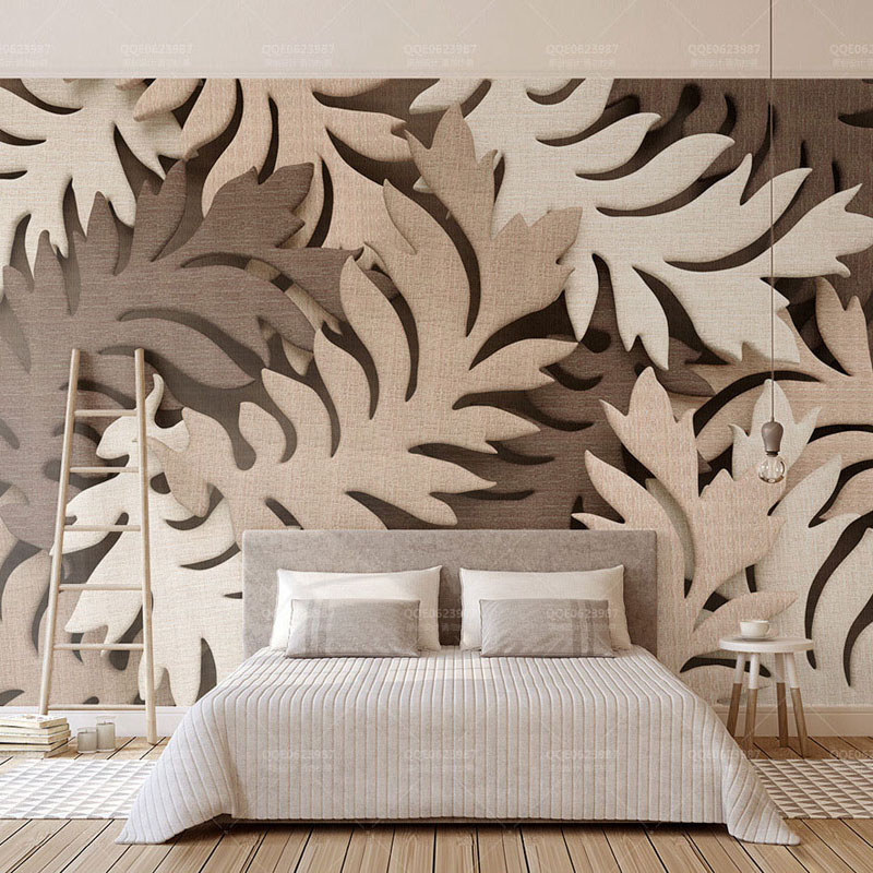 New 8d Large Mural Brown Cloth Texture 3d Leaf Wallpaper