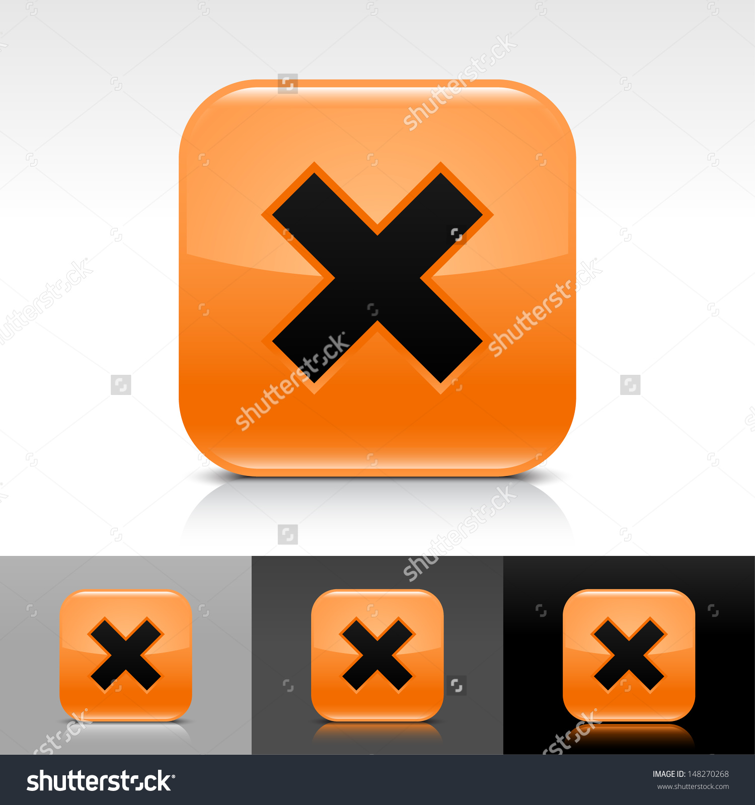 Delete icon set Orange color glossy web button with black sign