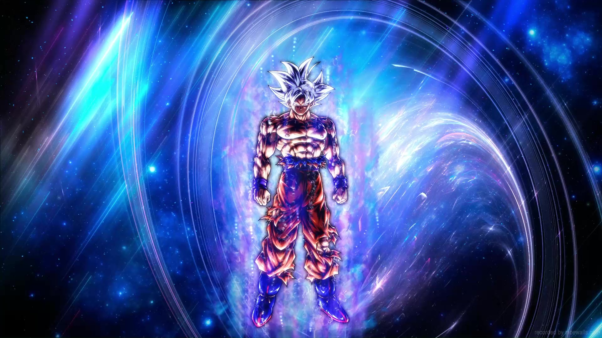 Anime character with silver hair and orange pants powering up in a blue and purple galaxy background, ideal for a live wallpaper