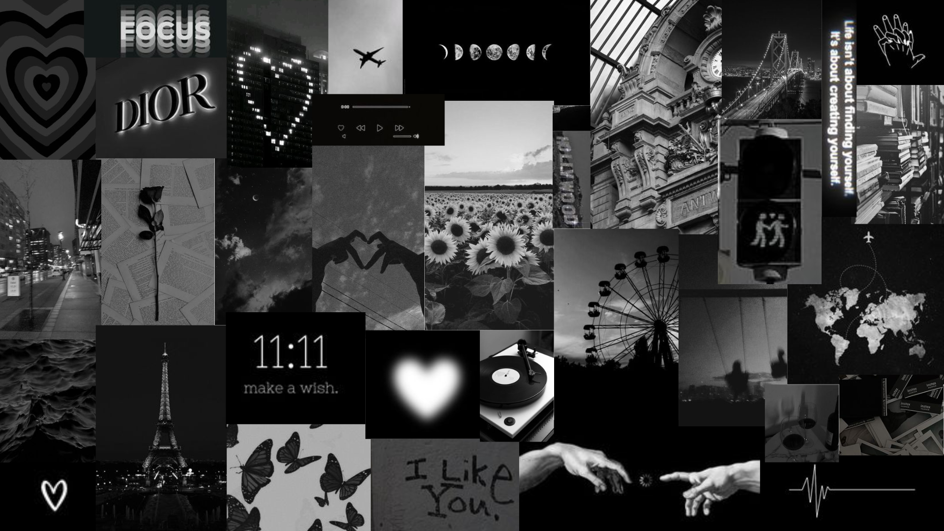 Black and white aesthetic collage wallpaper for laptops, featuring images of cityscapes, nature, and inspirational quotes