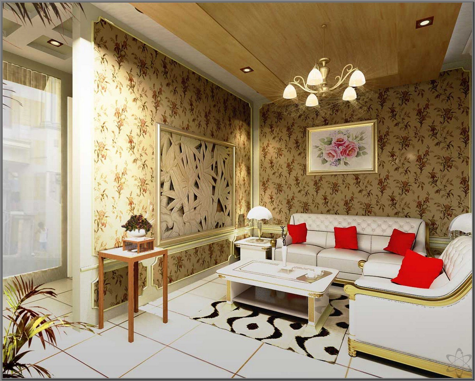 Wallpaper Ruang Tamu Motif Emas Dengan Sofa Tamu Putih Minimalis