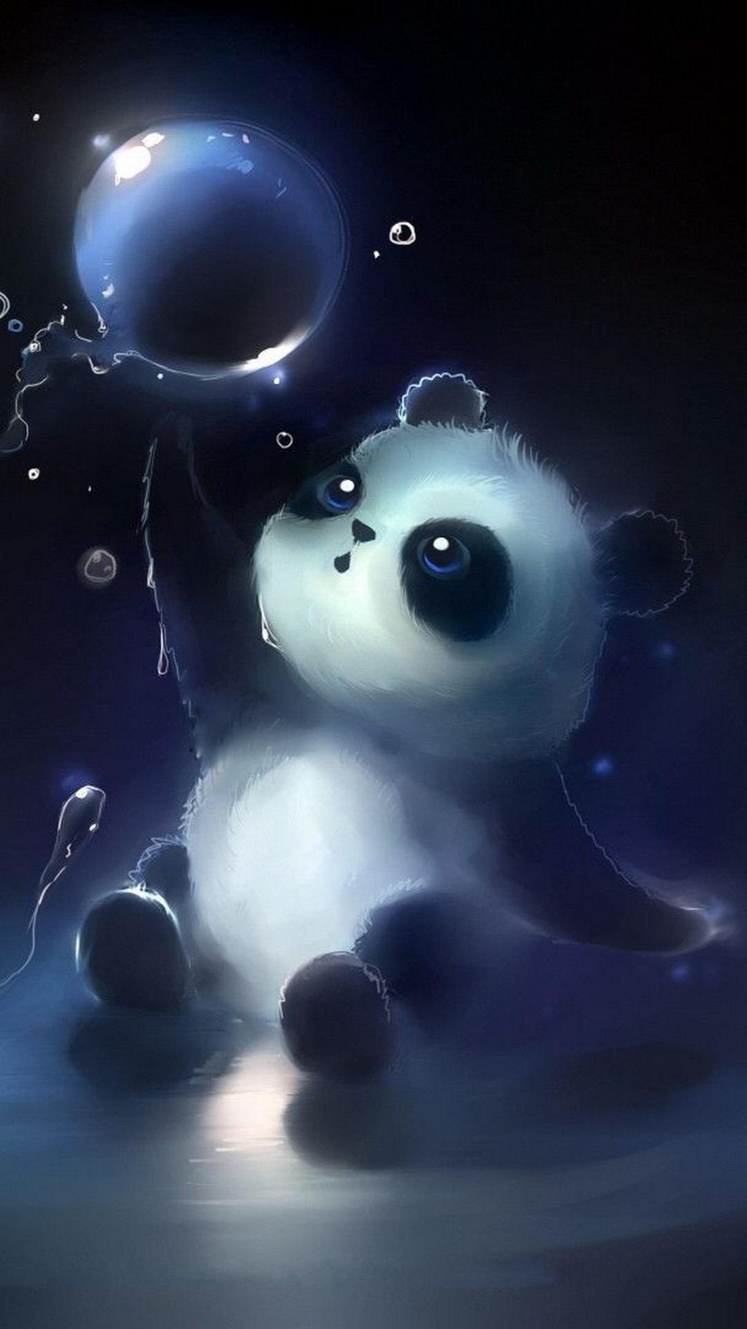 A cute baby panda plays with a floating bubble in a dark, dreamy setting